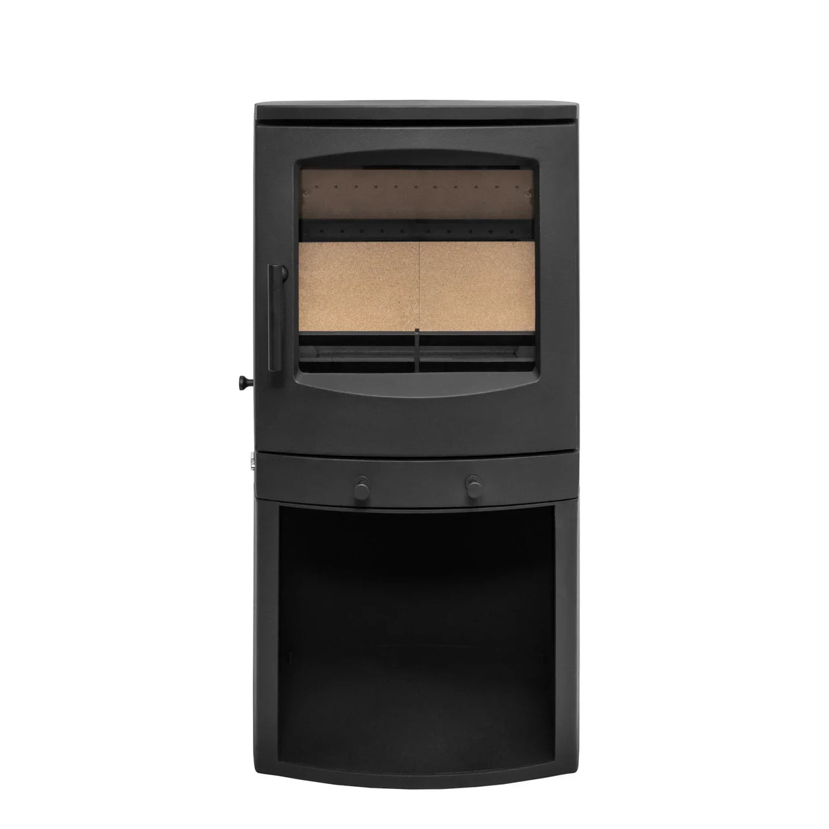 Black freestanding wood burning stove with glass door and log storage compartment
