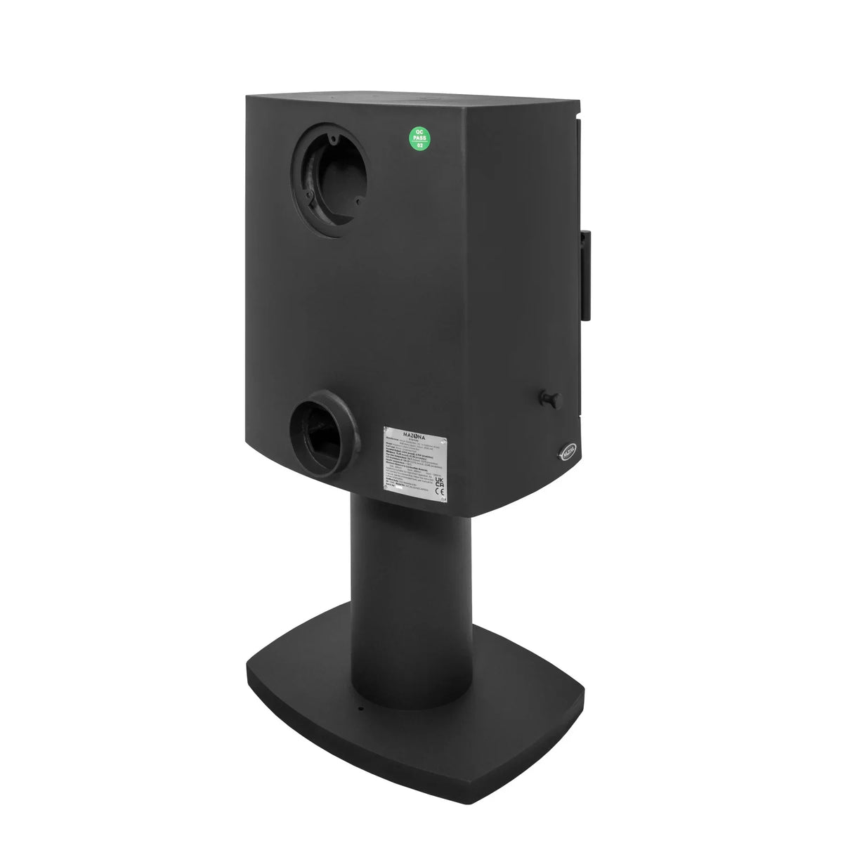 Black freestanding electric stove heater rear view with vents, cord holder, and base