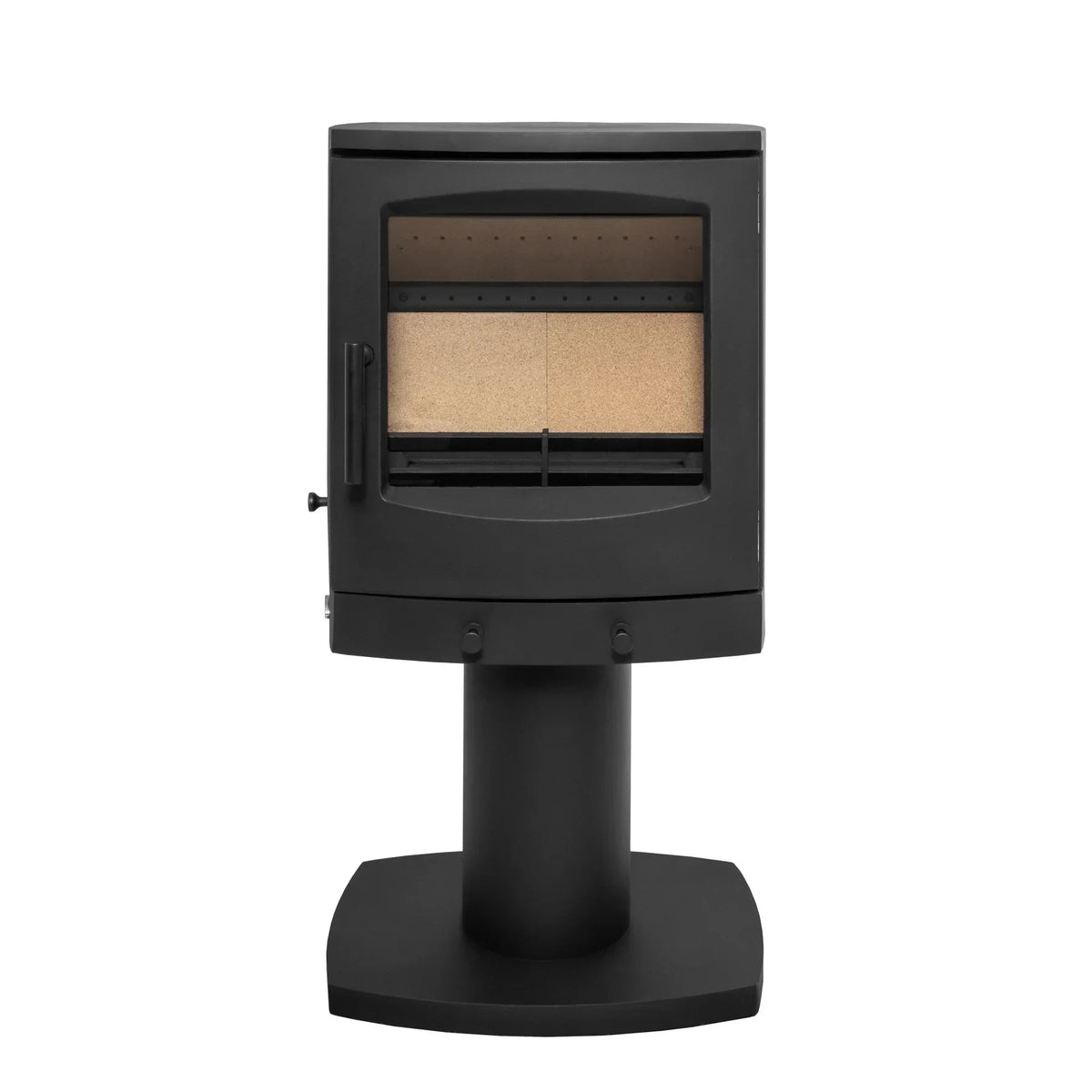 Black freestanding wood burning stove with glass front and pedestal base
