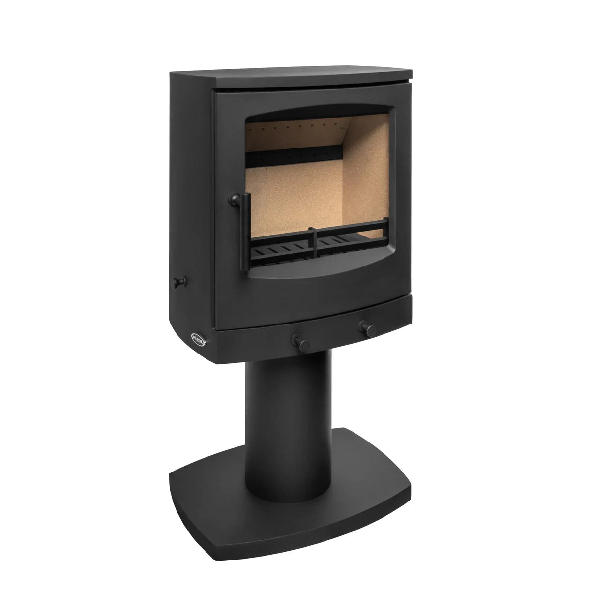 Black freestanding log burner stove with curved glass door and pedestal base