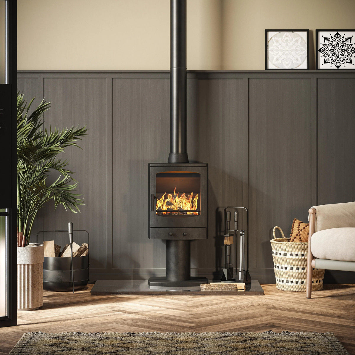 Wood burning stove with log holder and fire tools in modern living room setting