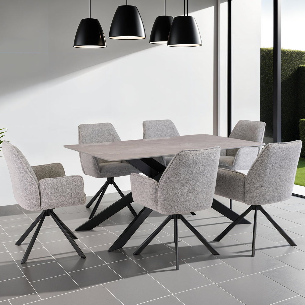 Stylish Grey Boucle Swivel Dining Chair with Black Legs