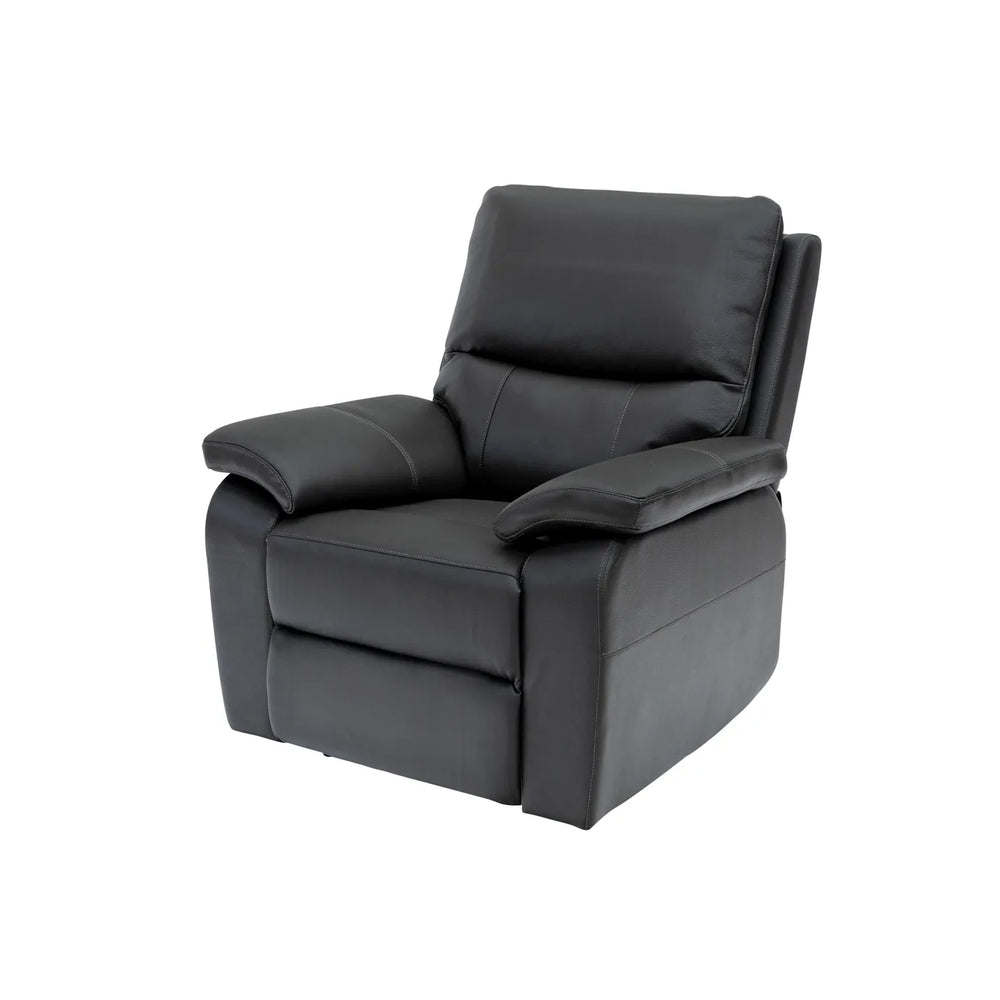 Black leather recliner chair with padded armrests and a high back, shown on a plain white background.