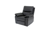 Black leather recliner chair with padded armrests and a high back, shown on a plain white background.