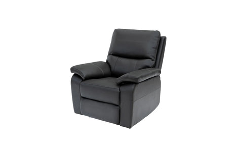 Black leather recliner chair with padded armrests and a high back, shown on a plain white background.
