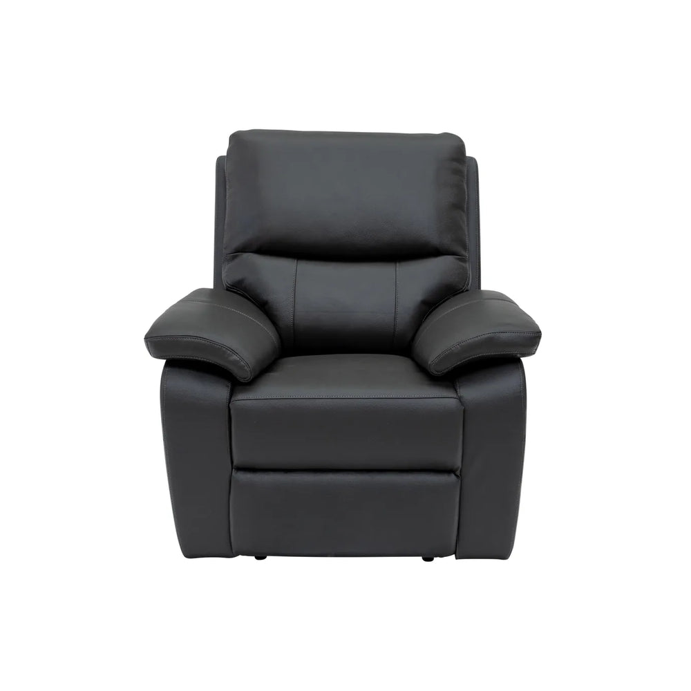 A black faux leather recliner chair with a high back, padded armrests, and a matching back cushion, shown against a plain white background.