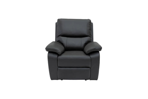 A black faux leather recliner chair with a high back, padded armrests, and a matching back cushion, shown against a plain white background.