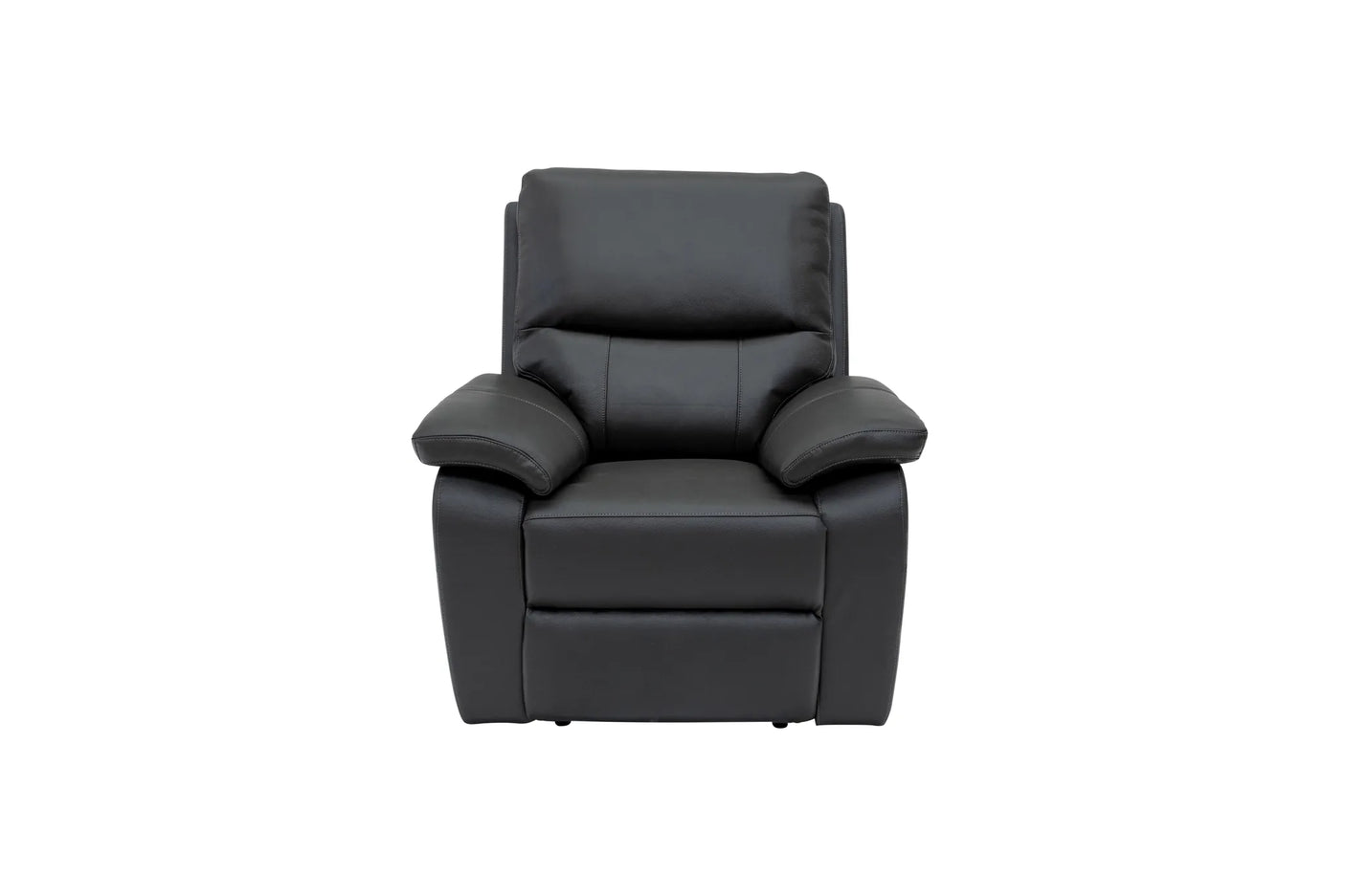 A black faux leather recliner chair with a high back, padded armrests, and a matching back cushion, shown against a plain white background.