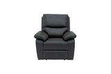 A black faux leather recliner chair with a high back, padded armrests, and a matching back cushion, shown against a plain white background.