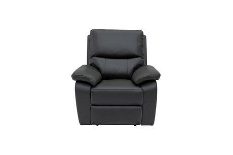 A black faux leather recliner chair with a high back, padded armrests, and a matching back cushion, shown against a plain white background.