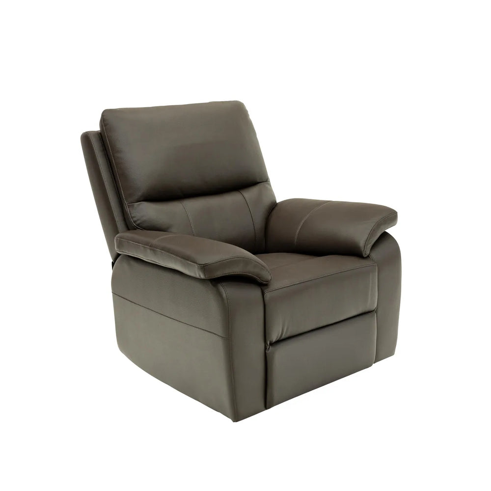 A dark brown leather recliner chair with a high back and padded armrests, shown from a three-quarter angle on a solid white background.