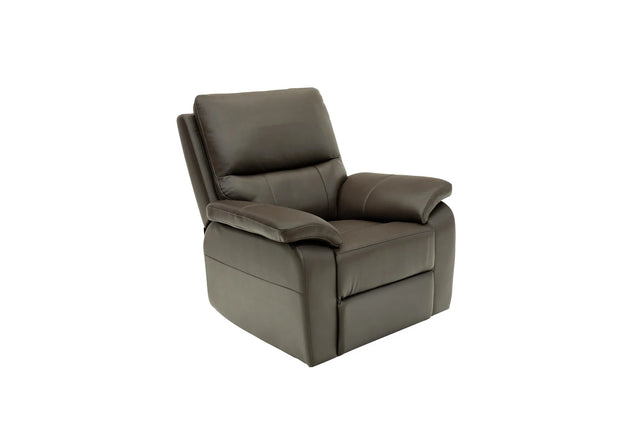 A dark brown leather recliner chair with a high back and padded armrests, shown from a three-quarter angle on a solid white background.
