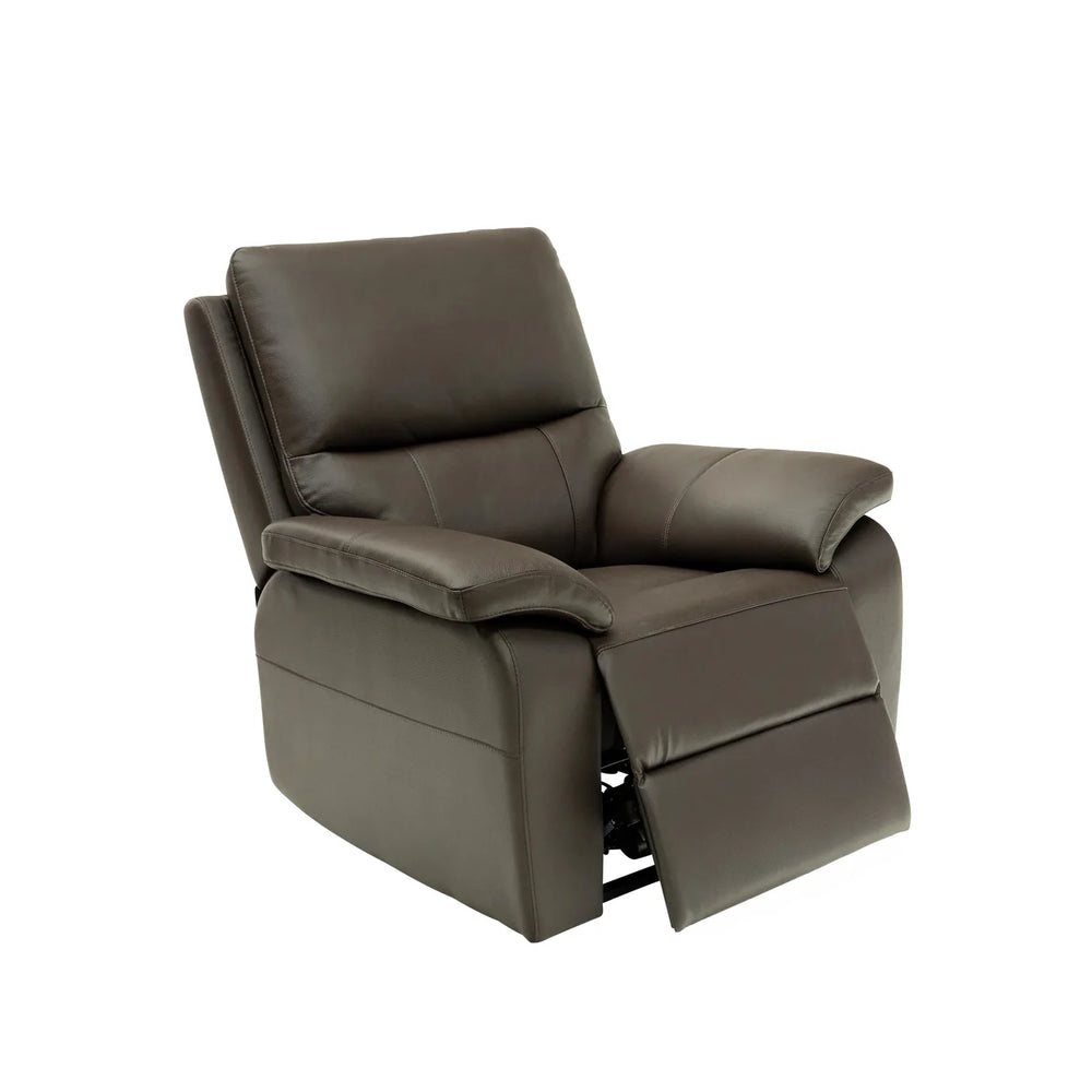 A dark brown leather recliner chair with the footrest extended, shown from a three-quarter angle against a plain white background.