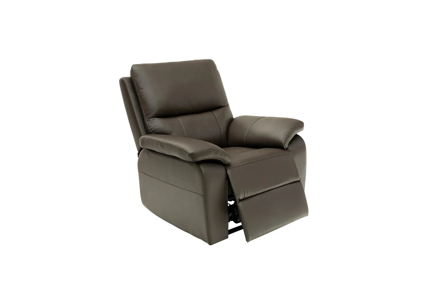 A dark brown leather recliner chair with the footrest extended, shown from a three-quarter angle against a plain white background.