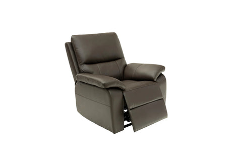 A dark brown leather recliner chair with the footrest extended, shown from a three-quarter angle against a plain white background.