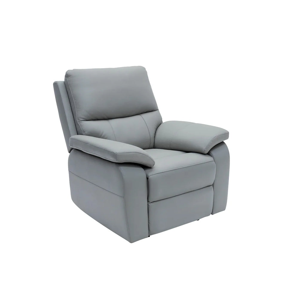 A modern gray upholstered recliner chair with a high back and padded armrests, shown at a three-quarter angle on a plain white background.