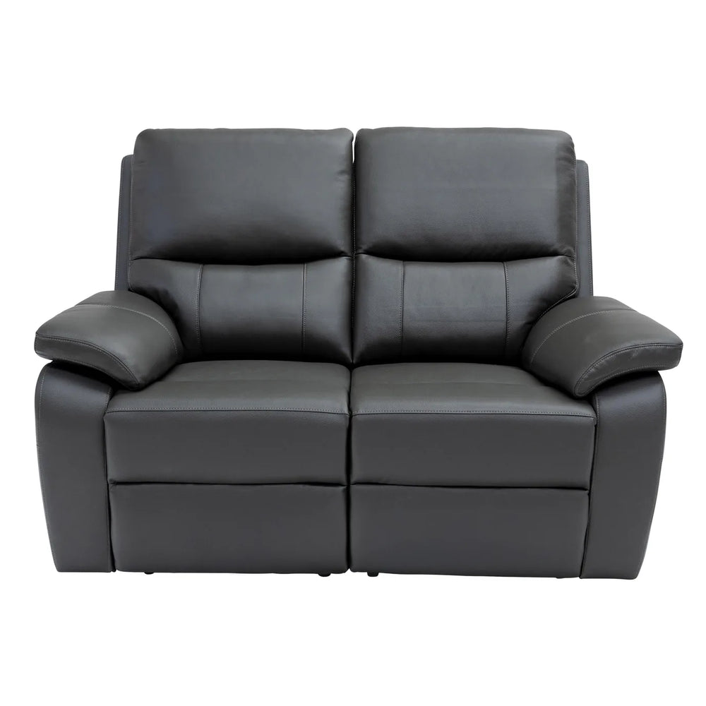 A modern two-seater power reclining loveseat in black faux leather, shown from a front-facing perspective against a plain white background.