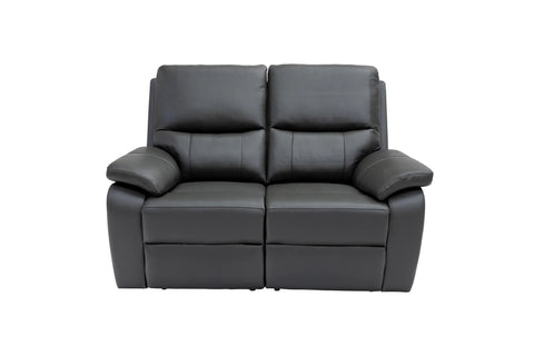 A modern two-seater power reclining loveseat in black faux leather, shown from a front-facing perspective against a plain white background.