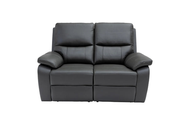 A modern two-seater power reclining loveseat in black faux leather, shown from a front-facing perspective against a plain white background.