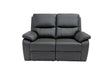 A modern two-seater power reclining loveseat in black faux leather, shown from a front-facing perspective against a plain white background.