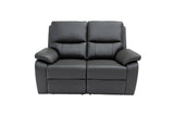 A modern two-seater power reclining loveseat in black faux leather, shown from a front-facing perspective against a plain white background.