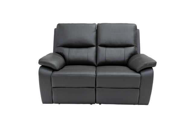 A modern two-seater power reclining loveseat in black faux leather, shown from a front-facing perspective against a plain white background.