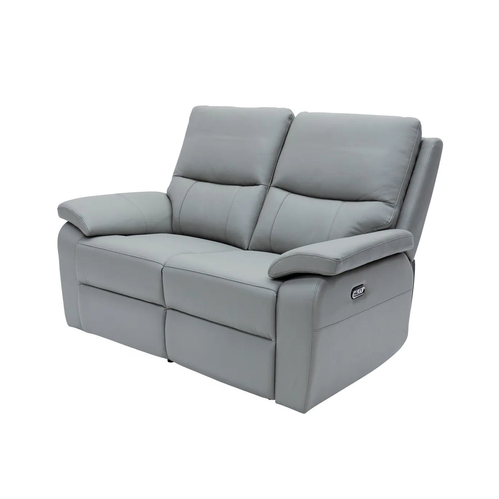 A modern gray two-seater reclining loveseat sofa with padded armrests and segmented seat cushions, shown on a plain white background.
