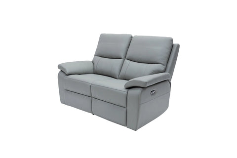 A modern gray two-seater reclining loveseat sofa with padded armrests and segmented seat cushions, shown on a plain white background.