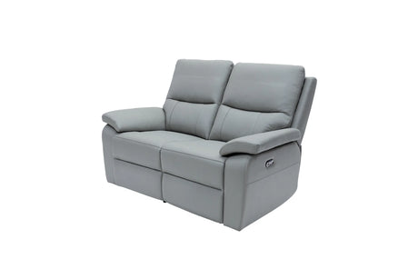 A modern gray two-seater reclining loveseat sofa with padded armrests and segmented seat cushions, shown on a plain white background.