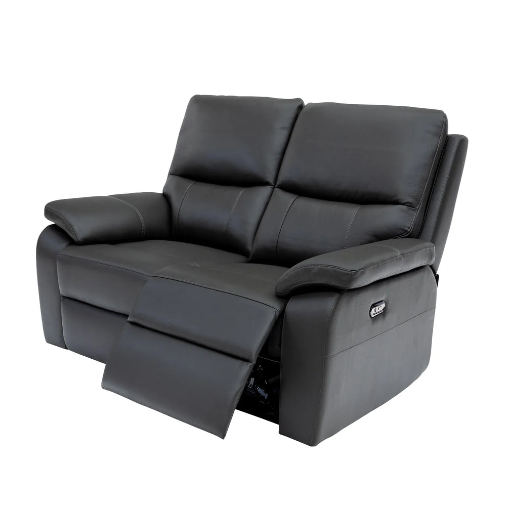 Black leather reclining loveseat with one seat cushion extended, shown on a plain white background.