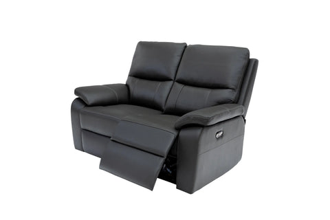 Black leather reclining loveseat with one seat cushion extended, shown on a plain white background.