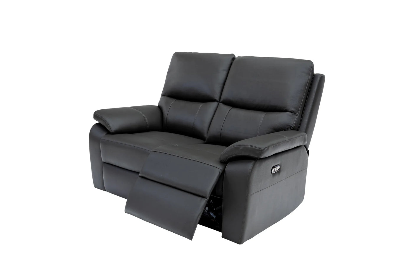 Black leather reclining loveseat with one seat cushion extended, shown on a plain white background.