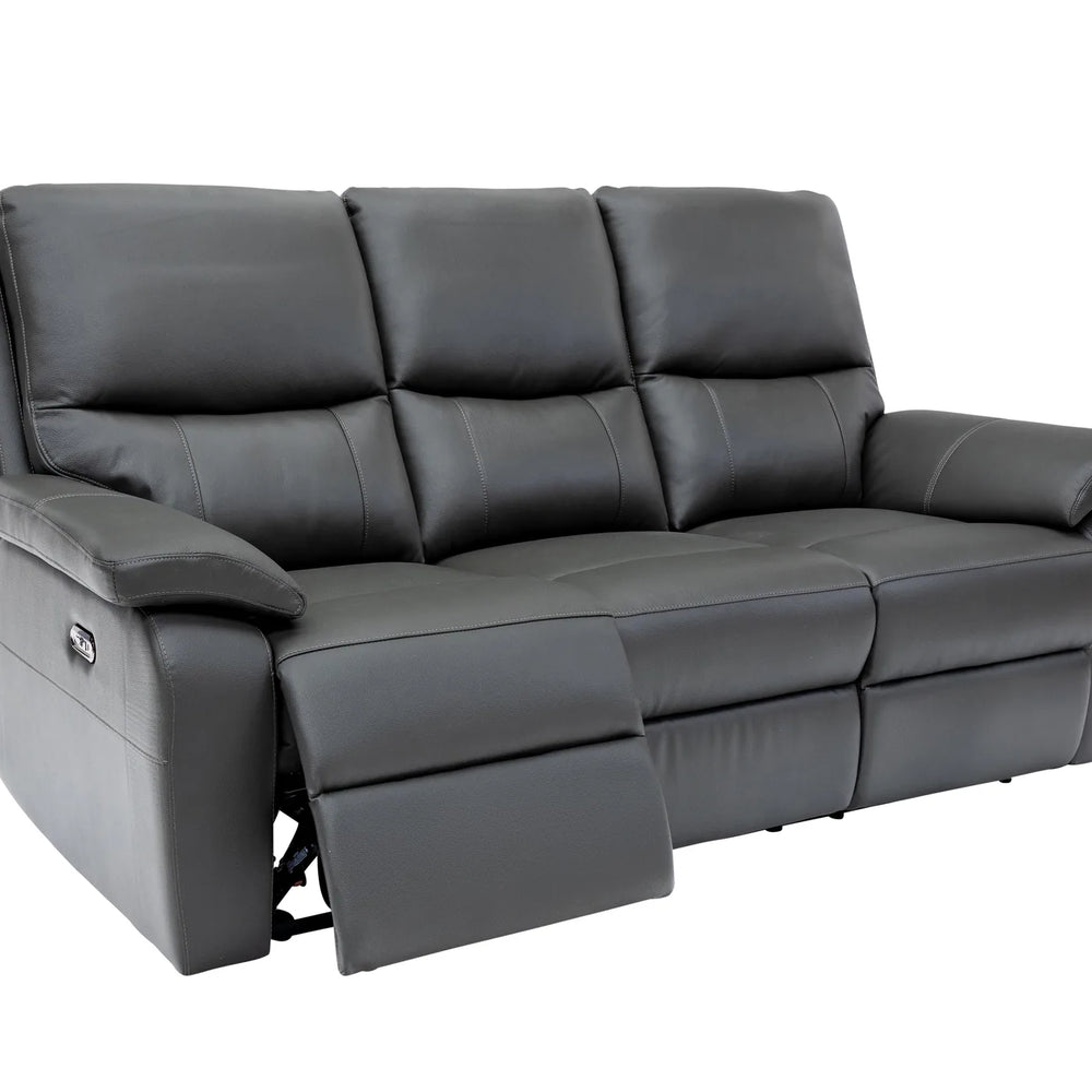 A three-seat power reclining sofa upholstered in dark gray leather, with the front left seat reclined, shown against a plain white background.