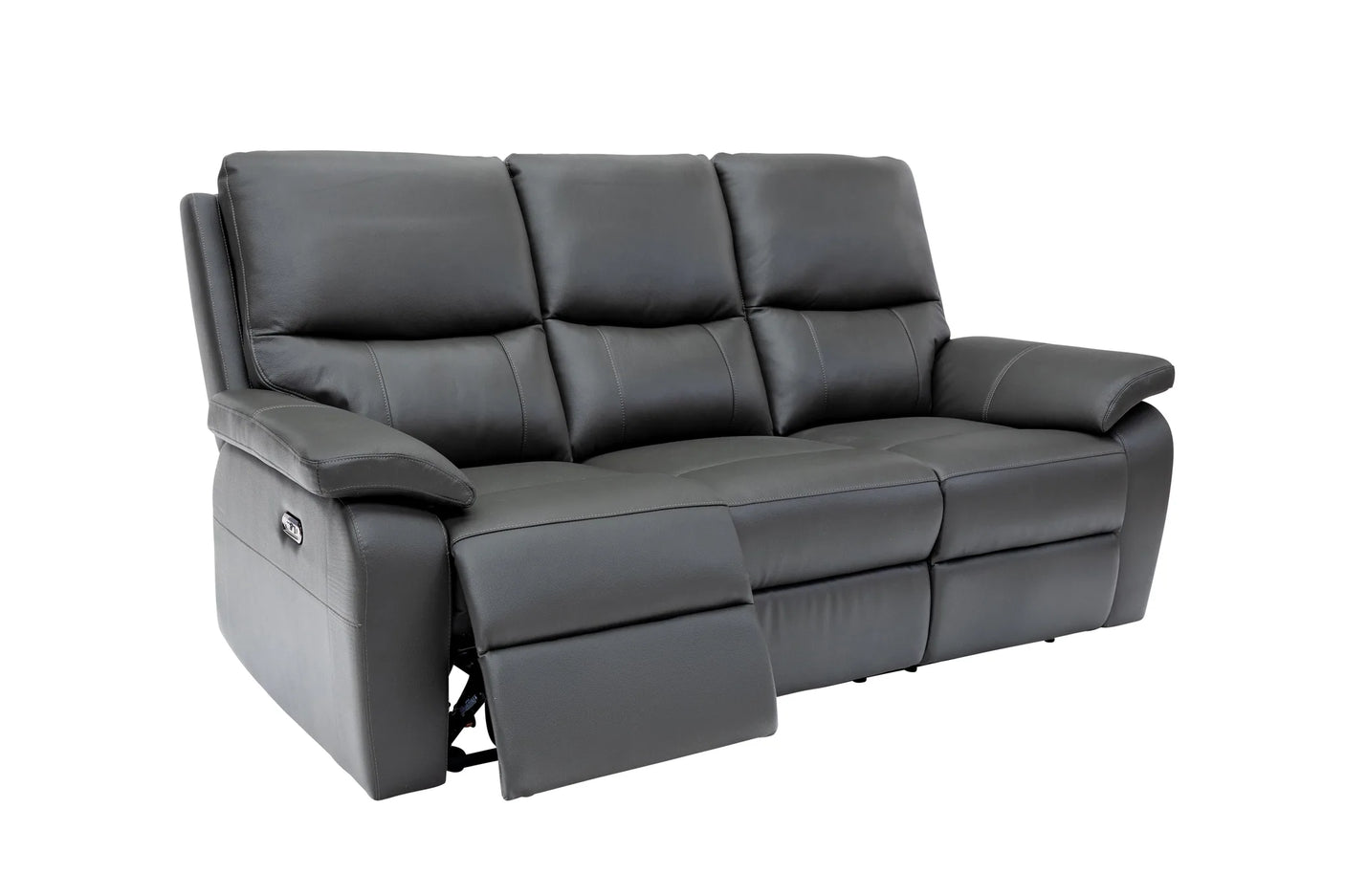 A three-seat power reclining sofa upholstered in dark gray leather, with the front left seat reclined, shown against a plain white background.