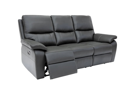 A three-seat power reclining sofa upholstered in dark gray leather, with the front left seat reclined, shown against a plain white background.