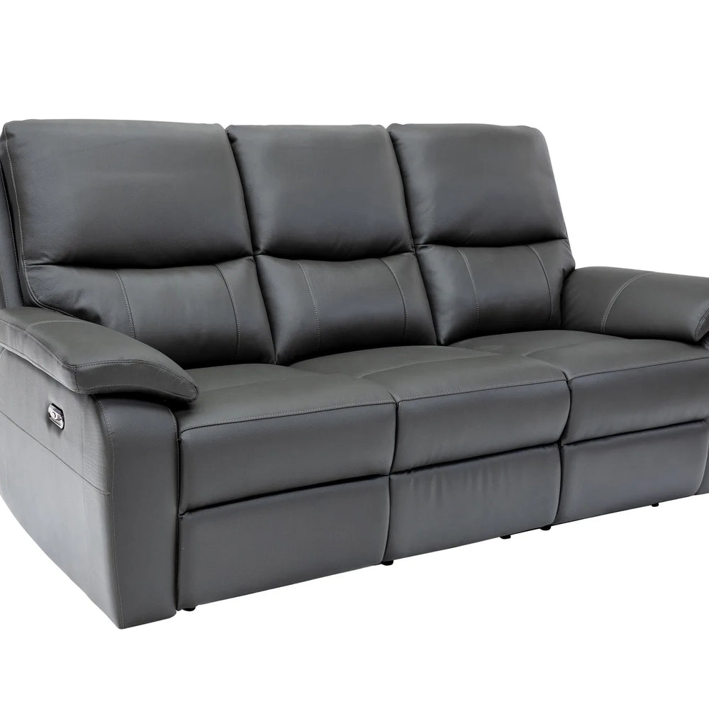 Gray leather sofa with reclining features on a white background