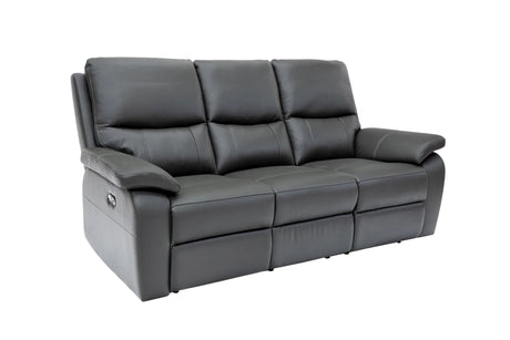Gray leather sofa with reclining features on a white background