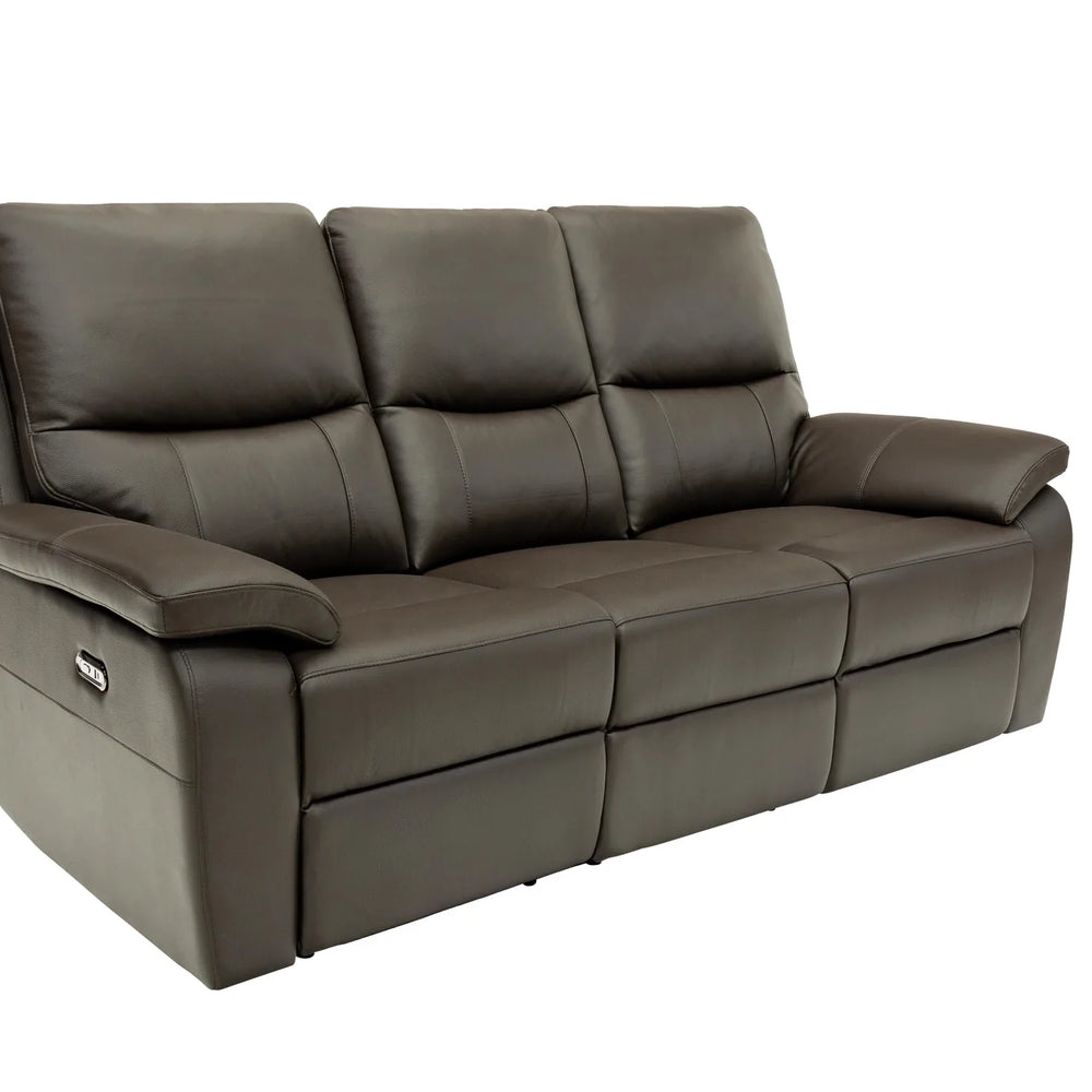 A three-seat power reclining sofa upholstered in dark brown leather, shown from a three-quarter angle against a plain white background.
