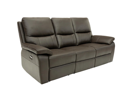 A three-seat power reclining sofa upholstered in dark brown leather, shown from a three-quarter angle against a plain white background.