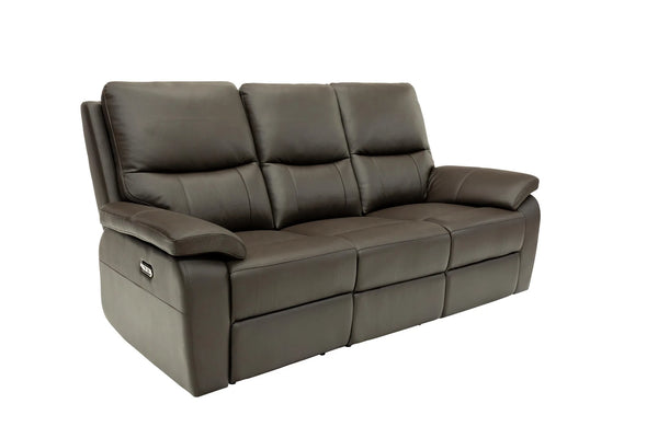 A three-seat power reclining sofa upholstered in dark brown leather, shown from a three-quarter angle against a plain white background.