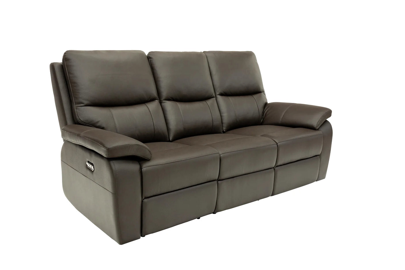 A three-seat power reclining sofa upholstered in dark brown leather, shown from a three-quarter angle against a plain white background.