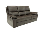 A three-seat power reclining sofa upholstered in dark brown leather, shown from a three-quarter angle against a plain white background.