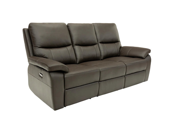 A three-seat power reclining sofa upholstered in dark brown leather, shown from a three-quarter angle against a plain white background.