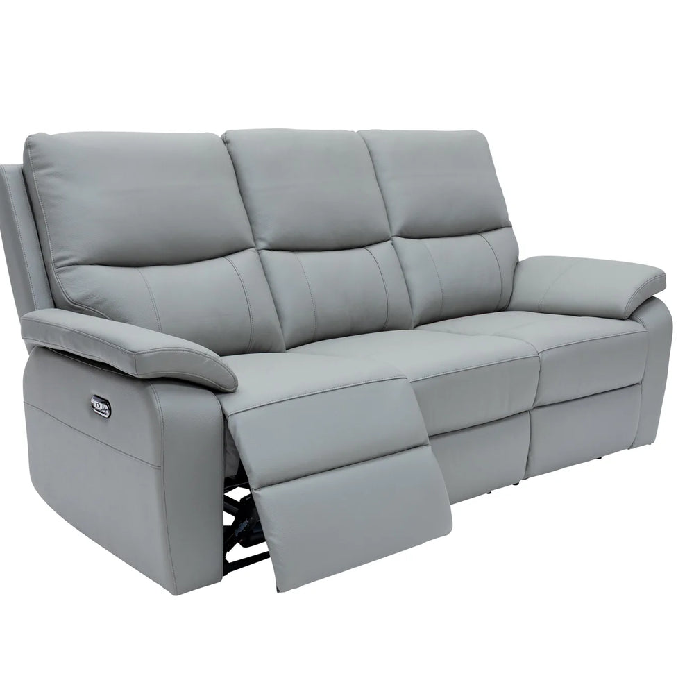 A light gray three-seat power reclining sofa with the front cushion of the left seat extended, shown against a plain white background.