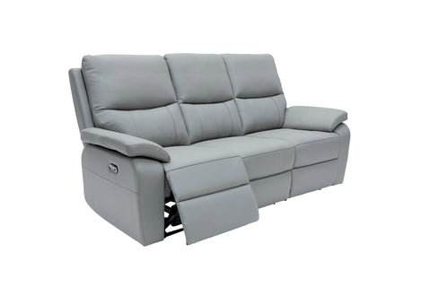 A light gray three-seat power reclining sofa with the front cushion of the left seat extended, shown against a plain white background.