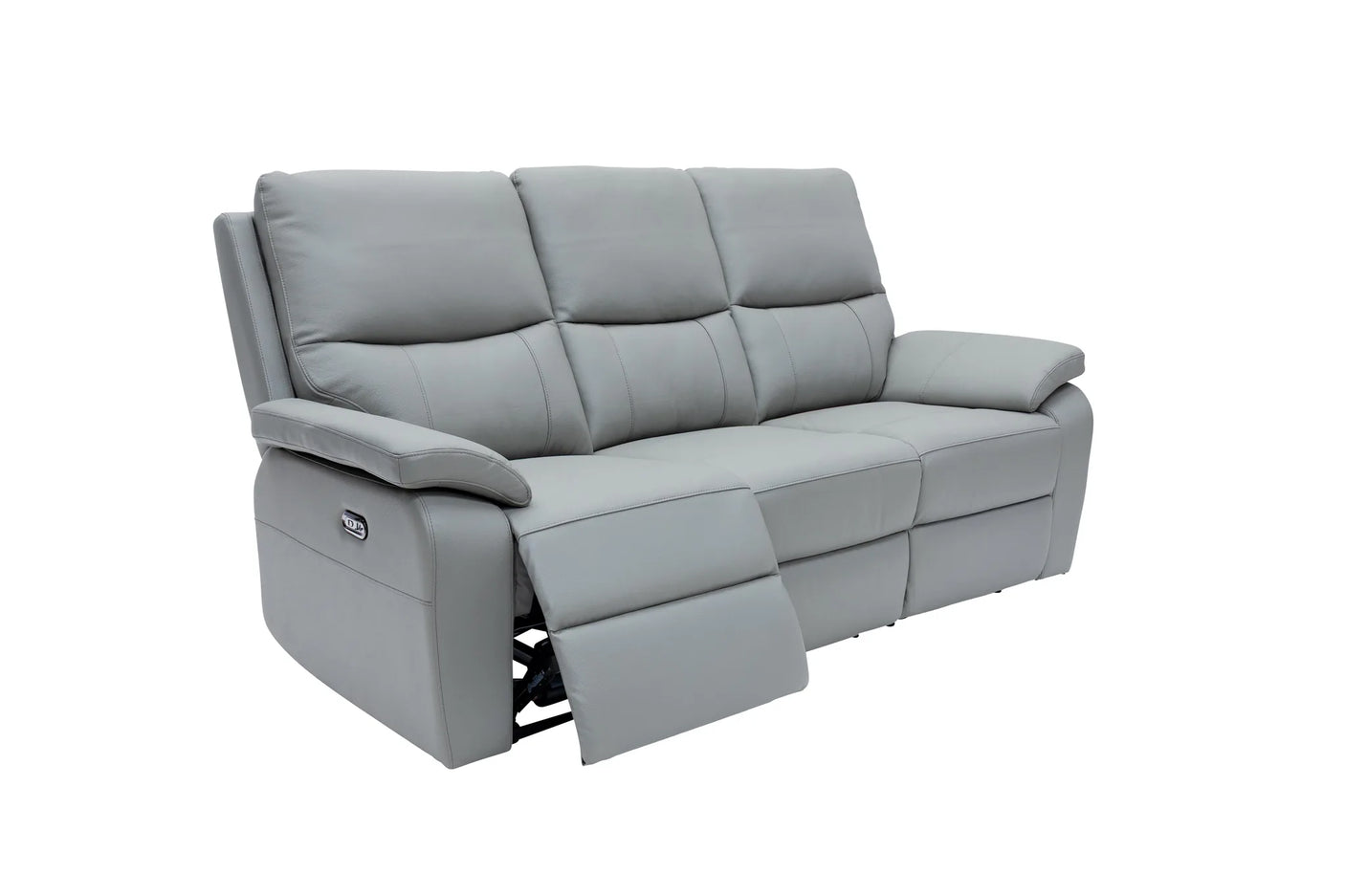 A light gray three-seat power reclining sofa with the front cushion of the left seat extended, shown against a plain white background.