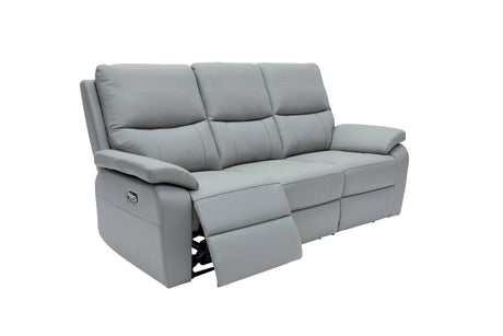 A light gray three-seat power reclining sofa with the front cushion of the left seat extended, shown against a plain white background.