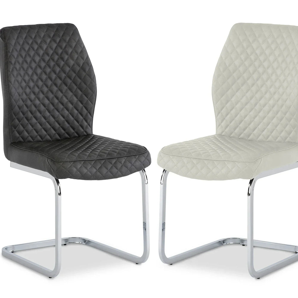 Pair of diamond-stitched dining chairs with chrome cantilever legs in grey and white