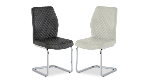 Pair of diamond-stitched dining chairs with chrome cantilever legs in grey and white