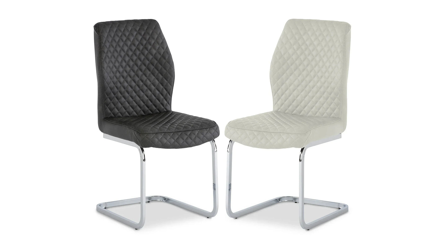 Pair of diamond-stitched dining chairs with chrome cantilever legs in grey and white